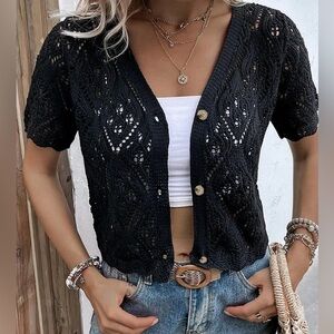 Knit Mix Pointelle Knit Short Sleeve Cardigan, size L.